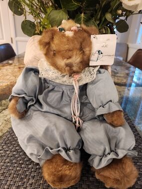 MJC Brown Plush Bear in Light Blue Romper with Lace Collar